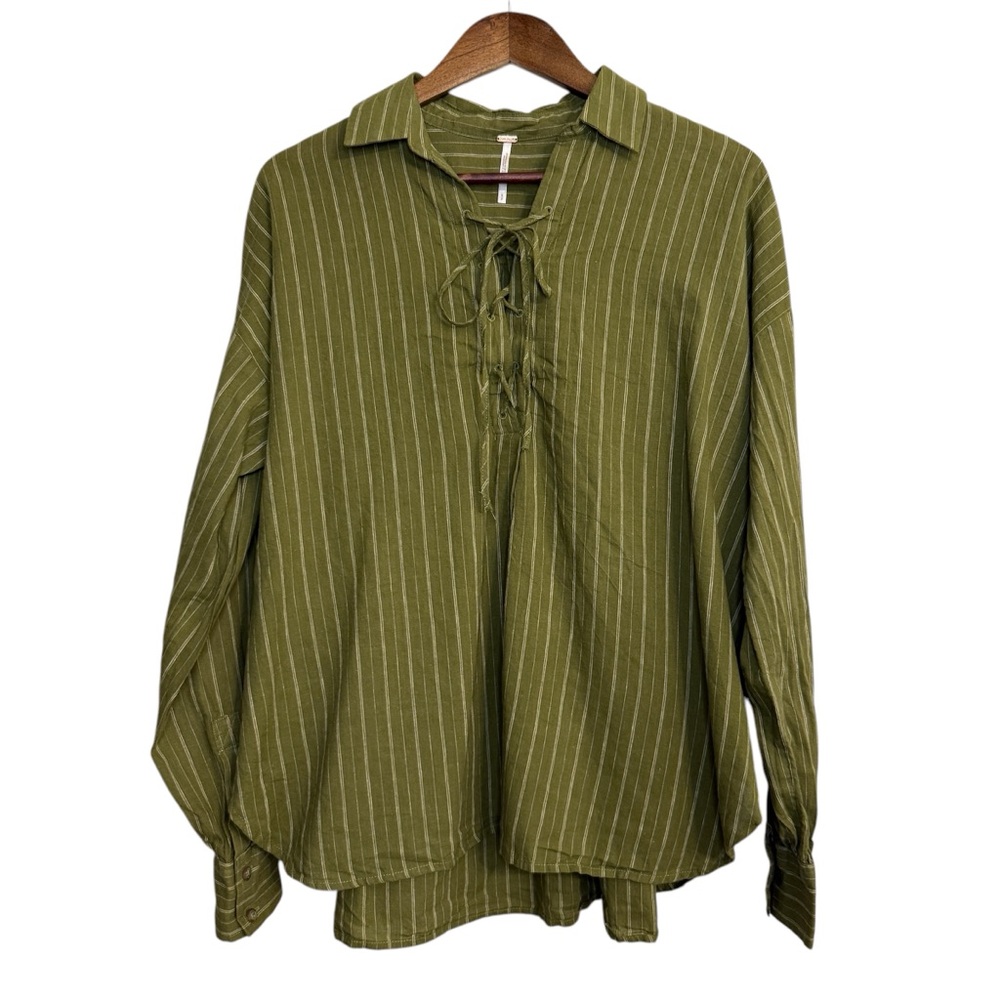 Free People top women’s small‎ oversized lace up popover striped coastal linen